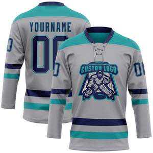 Custom Gray Navy-Teal Hockey Lace Neck Jersey