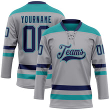 Загрузить изображение в средство просмотра галереи, Custom Gray Navy-Teal Hockey Lace Neck Jersey
