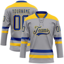 Загрузить изображение в средство просмотра галереи, Custom Gray Royal-Yellow Hockey Lace Neck Jersey
