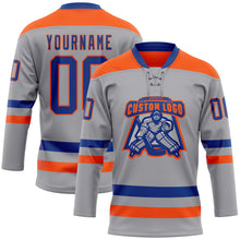 Загрузить изображение в средство просмотра галереи, Custom Gray Royal-Orange Hockey Lace Neck Jersey
