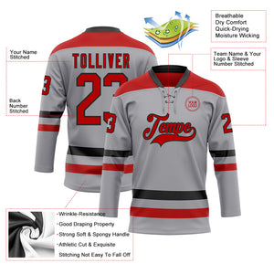 Custom Gray Red-Black Hockey Lace Neck Jersey