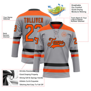 Custom Gray Orange-Black Hockey Lace Neck Jersey