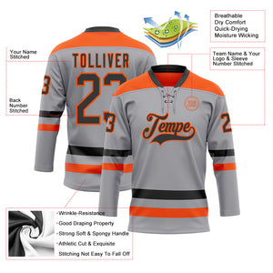 Custom Gray Black-Orange Hockey Lace Neck Jersey