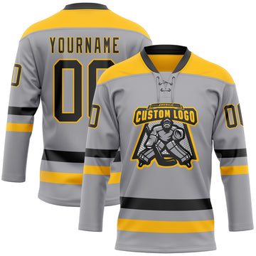 Custom Gray Black-Gold Hockey Lace Neck Jersey