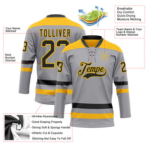 Custom Gray Black-Gold Hockey Lace Neck Jersey