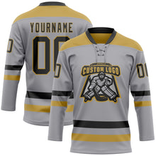 Загрузить изображение в средство просмотра галереи, Custom Gray Black-Old Gold Hockey Lace Neck Jersey
