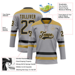 Custom Gray Black-Old Gold Hockey Lace Neck Jersey