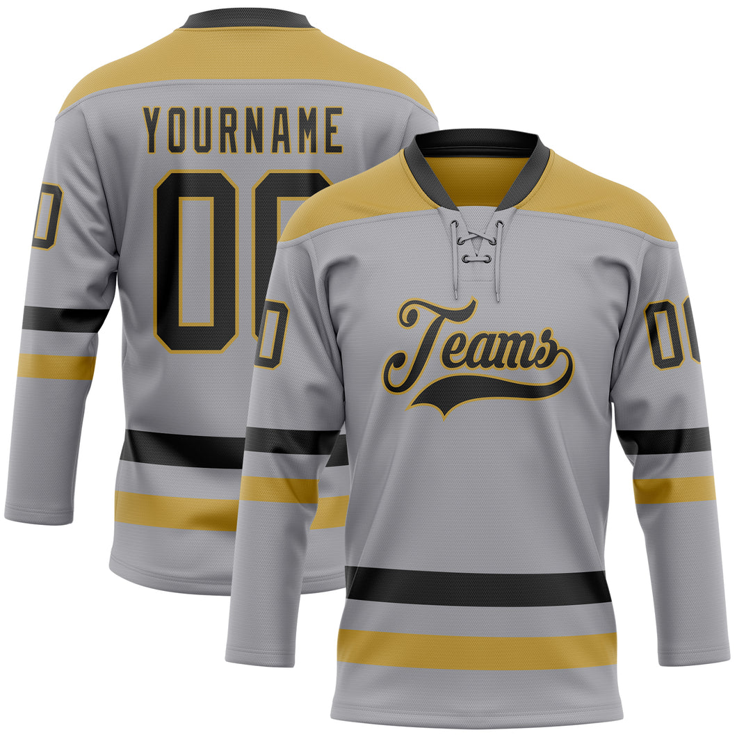 Custom Gray Black-Old Gold Hockey Lace Neck Jersey