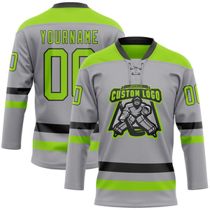 Custom Gray Neon Green-Black Hockey Lace Neck Jersey