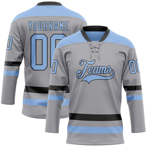 Custom Gray Light Blue-Black Hockey Lace Neck Jersey