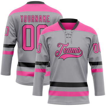 Custom Gray Pink-Black Hockey Lace Neck Jersey