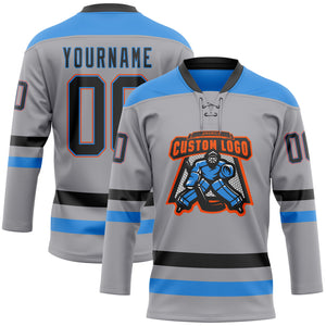 Custom Gray Black Powder Blue-Orange Hockey Lace Neck Jersey