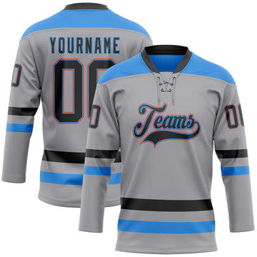 Custom Gray Black Powder Blue-Orange Hockey Lace Neck Jersey