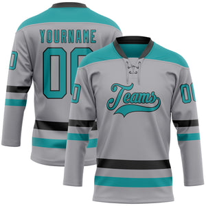 Custom Gray Teal-Black Hockey Lace Neck Jersey