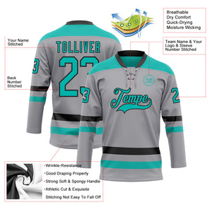 Custom Gray Aqua-Black Hockey Lace Neck Jersey