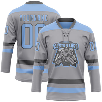 Custom Gray Light Blue-Steel Gray Hockey Lace Neck Jersey