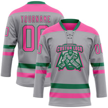 Загрузить изображение в средство просмотра галереи, Custom Gray Pink-Kelly Green Hockey Lace Neck Jersey
