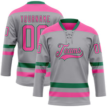 Загрузить изображение в средство просмотра галереи, Custom Gray Pink-Kelly Green Hockey Lace Neck Jersey
