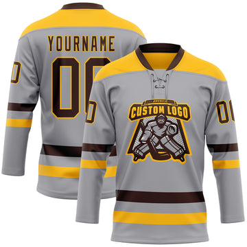 Custom Gray Brown-Gold Hockey Lace Neck Jersey