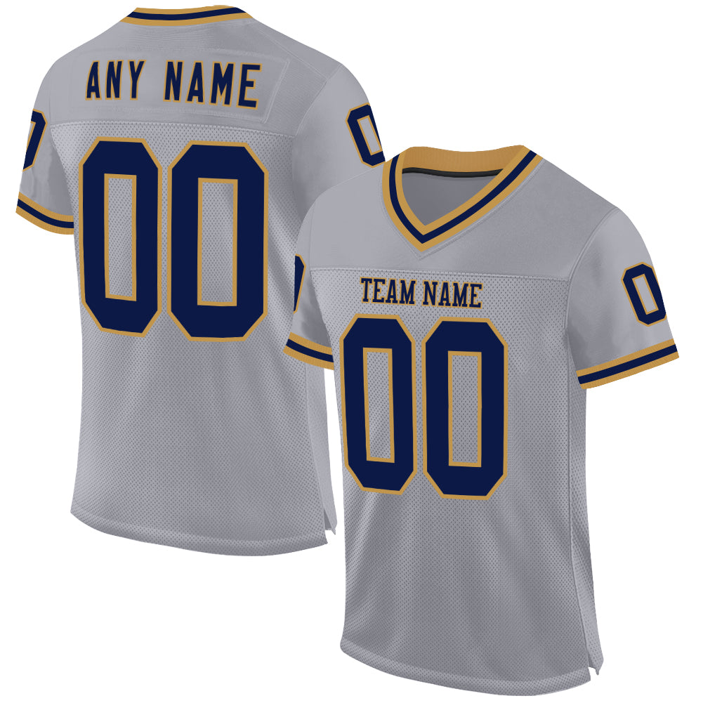 Custom Gray Navy-Old Gold Mesh Authentic Throwback Football Jersey