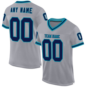 Custom Gray Navy-Teal Mesh Authentic Throwback Football Jersey