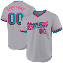 Load image into Gallery viewer, Custom Gray Teal Black-Pink Authentic Throwback Baseball Jersey
