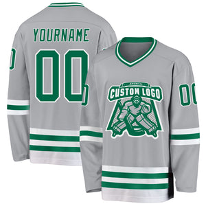 Custom Gray Kelly Green-White Hockey Jersey