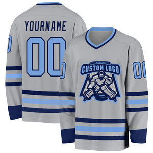 Custom Gray Light Blue-Navy Hockey Jersey