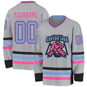 Custom Gray Light Blue Black-Pink Hockey Jersey