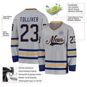 Custom Gray Navy-Old Gold Hockey Jersey