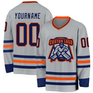 Custom Gray Navy-Orange Hockey Jersey