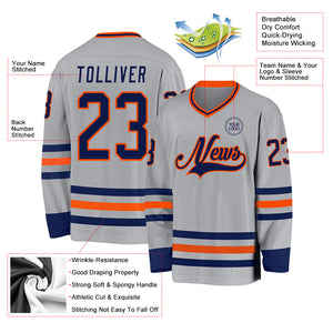 Custom Gray Navy-Orange Hockey Jersey