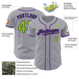 Custom Gray Neon Green Black-Purple Authentic Baseball Jersey