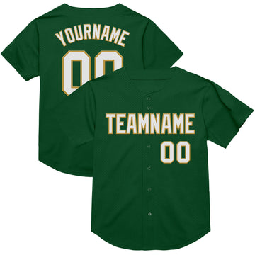Custom Green White-Old Gold Mesh Authentic Throwback Baseball Jersey