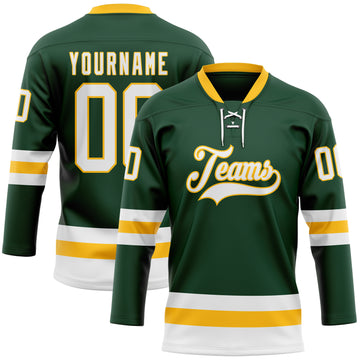 Custom Green White-Gold Hockey Lace Neck Jersey