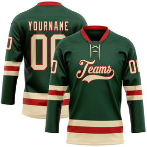 Custom Green Cream-Red Hockey Lace Neck Jersey