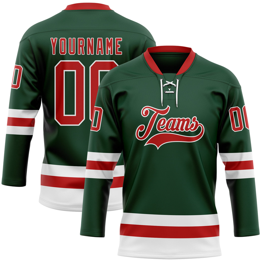 Custom Green Red-White Hockey Lace Neck Jersey