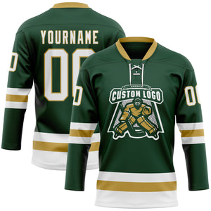 Custom Green White-Old Gold Hockey Lace Neck Jersey