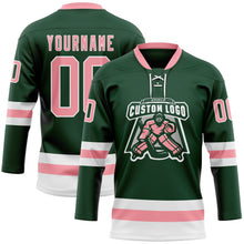 Загрузить изображение в средство просмотра галереи, Custom Green Medium Pink-White Hockey Lace Neck Jersey
