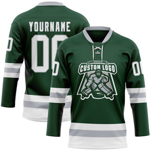 Custom Green White-Gray Hockey Lace Neck Jersey