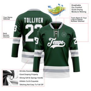 Custom Green White-Gray Hockey Lace Neck Jersey