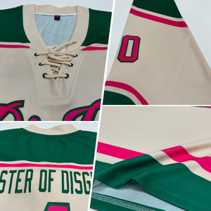 Custom Cream Pink-Kelly Green Hockey Lace Neck Jersey