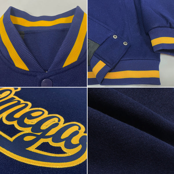 Cheap Custom Navy Navy Gold Bomber Full Snap Varsity Letterman Jacket Free Shipping CustomJerseysPro