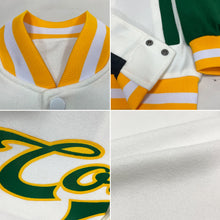 Load image into Gallery viewer, Custom White Kelly Green-Gold Bomber Full-Snap Varsity Letterman Two Tone Jacket
