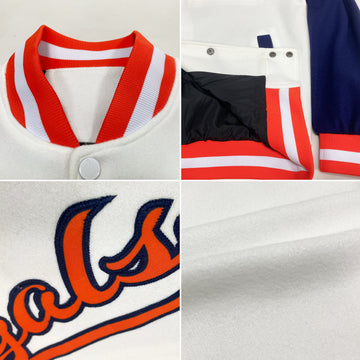 Custom White Orange-Navy Bomber Full-Snap Varsity Letterman Two Tone Jacket