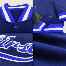 Load image into Gallery viewer, Custom Navy Royal-White Bomber Full-Snap Varsity Letterman Jacket
