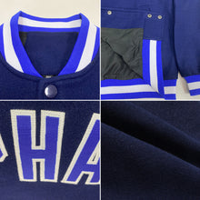 Load image into Gallery viewer, Custom Navy Royal-White Bomber Full-Snap Varsity Letterman Jacket
