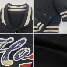 Загрузить изображение в средство просмотра галереи, Custom Black Vintage USA Flag-Cream Bomber Full-Snap Varsity Letterman Jacket
