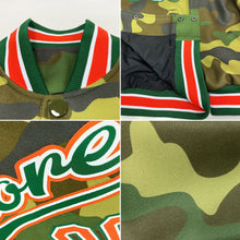 Laden Sie das Bild in den Galerie-Viewer, Custom Camo Orange-Kelly Green Bomber Full-Snap Varsity Letterman Salute To Service Jacket
