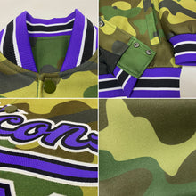 Laden Sie das Bild in den Galerie-Viewer, Custom Camo Purple-Black Bomber Full-Snap Varsity Letterman Salute To Service Jacket
